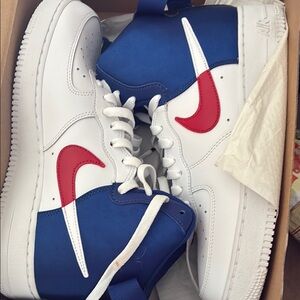 Nike Blue and White Sneakers with Red Swoosh